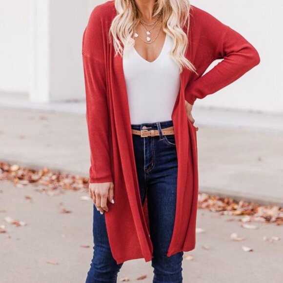 Pink Lily Red Coral Open Knit Cardigan Size Small - Picture 1 of 6